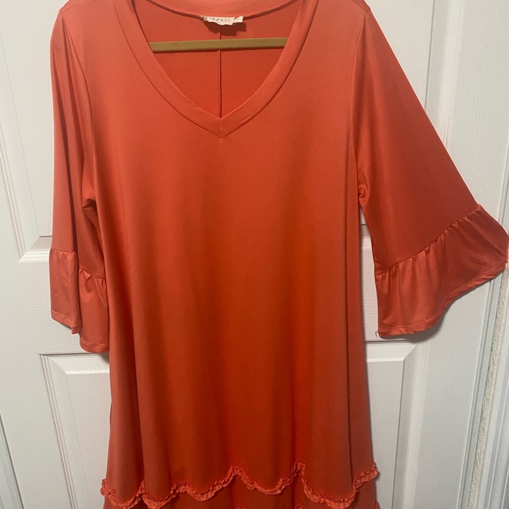 Women’s Coral V-Neck Ruffle Hem Tunic Dress